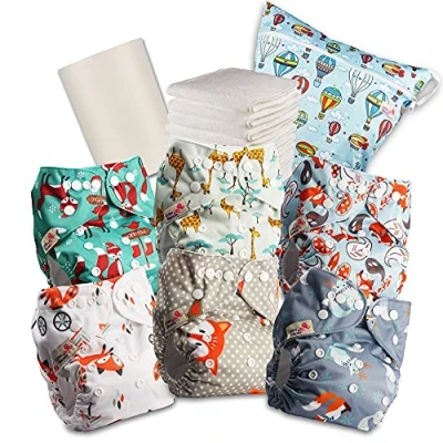 Immagine di Littles and Bloomz Pannolino per bambini in tessuto, riutilizzabile, con tasca, bottoni automatici standard, 6 pannolini + inserti, 1 fodera bambù usa e getta, borsa bagnati, 618PM6