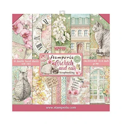 Immagine di Stamperia Scrapbooking Miniblock 10 Fogli cm 20,3x20,3 Orchidee e Gatti, Carta, Vari, 20.3cmX20.3cm