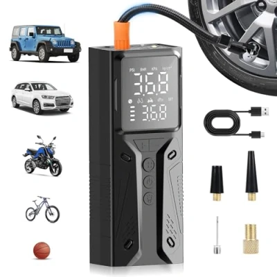 Immagine di Gerbala Compressore Aria Portatile Auto, 150 PSI, 6000mAh, Gonfiatore Gomme Auto con Display Digitale e Luce LED, Pompa ad Elettrica per Biciclette, Palloni Altro, Porta USB C