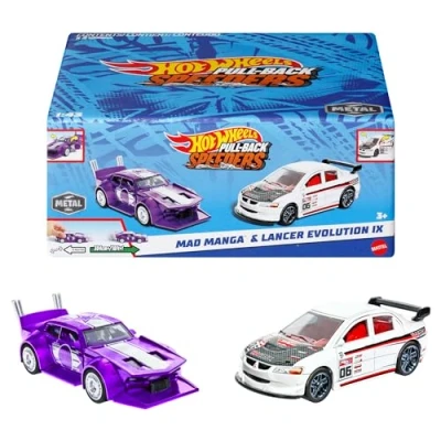 Immagine di ​Hot Wheels Bolidi a Retrocarica, set di 2 macchinine in scala 1:43 da collezione, con motore o portiera Rolamatic, bagagliaio cofano che si aprono, 3+ anni, I modelli possono variare, HPR91