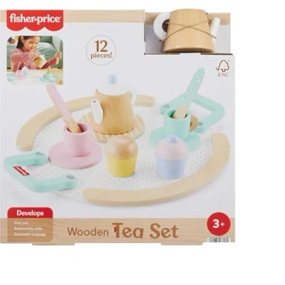Immagine di Fisher Price Servizio da Tè in Legno, set giocattolo con teiera, tazze e piattini, 12 accessori legno inclusi, per bambini, 3+ anni, HXT82