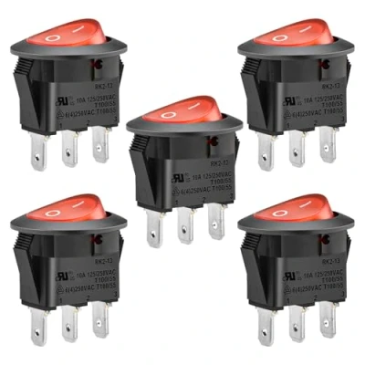 Immagine di Heschen Interruttore basculante rotondo acceso spento, contatto singolo SPST, 3 terminali, certificato UL e VDE, 10 A. 250 V ca, 5 pezzi