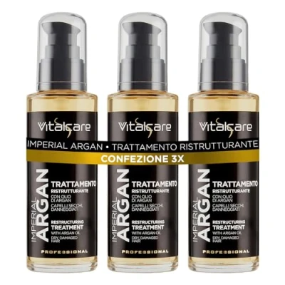 Immagine di Vitalcare Imperial Argan Trattamento Capelli Ristrutturante con Olio d&#039;Argan, di Lino, Oil Complex per Secchi e Danneggiati, 3 x 100 ml