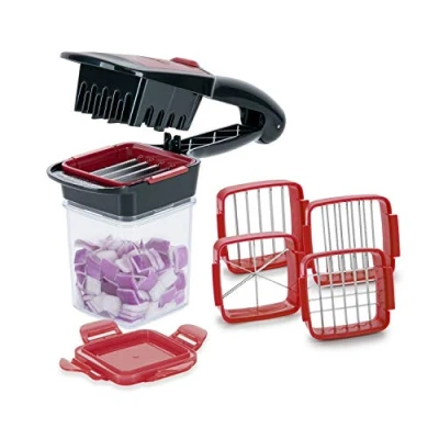 Immagine di Genius Nicer Dicer Quick XXL A27165 Set di 7 tritatutto con 3 inserti intercambiabili e contenitore raccolta da 320 ml in formato manuale, 30 cubetti o 10 dischi un clic, acciaio INOX