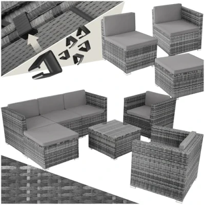 Immagine di TecTake® Salottino in Rattan, Tavolino Salotto con Lastra di Vetro, Comode Poltrone, Morbide Imbottiture, Resistente ai Raggi UV, Stabile e Per 5/6 Persone, Grigio