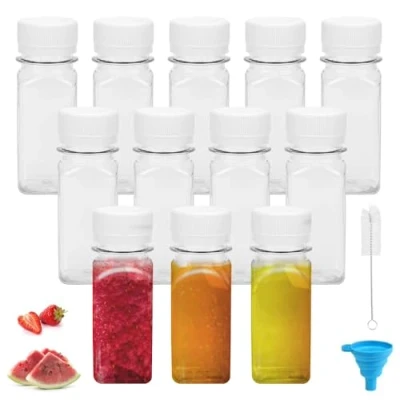 Immagine di HEKOBAG 12 Pezzi Bottiglie di Plastica per Succo 60 ml Piccole Riutilizzabili con Coperchi Mini Imbuto e Pennello Latte, Acqua, Bevande