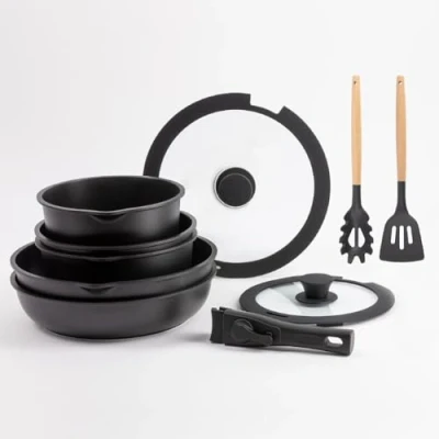 Immagine di BERGNER CLICK&amp;COOK Set 10 PZ Pentole Easy Click nere Padelle e casseruole con rivestimento antiaderente Include coperchio utensili Manico rimovibile Adatto a tutti i fornelli