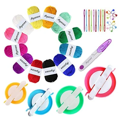 Immagine di Kit creatore di pompon, cucito a sfera per tessitore aghi, 4PSPompom Maker+20PSMacchette punti maglia aghi+12PSFilo acrilico+1PS Forbici (37b)