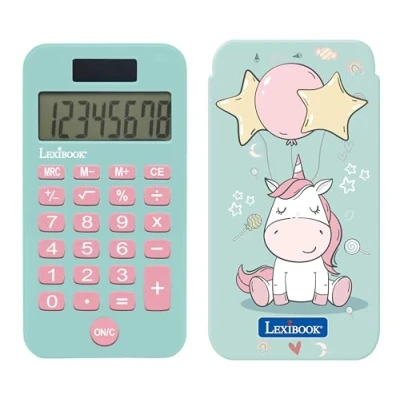 Immagine di Lexibook, Unicorno, Calcolatrice Tascabile con Copertura Protettiva, Funzioni Classiche e Avanzate, a Batteria Solare, Blu/Rosa, C45UNI