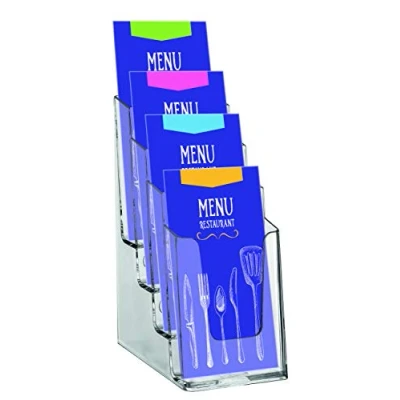 Immagine di EUROPEL Porta opuscoli e brochure a 4 livelli per 1/3 formato A4 letteratura in acrilico trasparente libretto di costruzione, volantini menu Display &amp; Dispenser ufficio, ristoranti reception,
