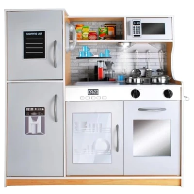 Immagine di KRUZZEL Cucina per bambini in legno, sistema a scatto, luce e accessori, bottoni interattivi, lavello rimovibile, marrone chiaro/scuro 22115, colore: chiaro