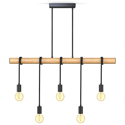 Immagine di B.K.Licht Lampadario vintage in legno e metallo nero, adatto per 5 lampadine E27 non incluse max 60W, lampada a sospensione retrò cucina o sala da pranzo