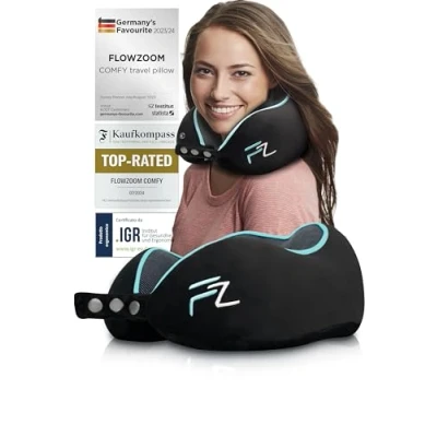 Immagine di FLOWZOOM COMFY Cuscino da viaggio Memory Foam cervicale aereo Poggiatesta auto ergonomico per il collo Federa lavabile Nero Taglia unica