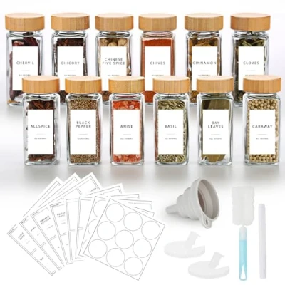 Immagine di Lannvan Barattoli Spezie 12pcs per con Coperchio in Bambù 120ml Contenitori Cucina Etichette Porta Setaccio, Spazzola, Lmbuto