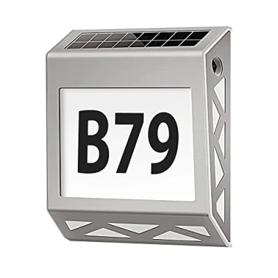 Immagine di numero civico illuminato A energia solare 8 LED con interruttore crepuscolare in acciaio inox bianco IP54 impermeabile esterno numeri 0 9 &amp; lettere E YOHAYO