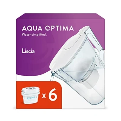 Immagine di Aqua Optima Liscia Caraffa Filtro Acqua e Cartucce 6 x 30 Giorni Evolve+, Capacità 2,5 Litri, per Riduzione di Microplastiche, Cloro, Calcare Impurità, Bianc