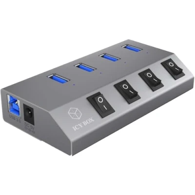 Immagine di ICY BOX hub1405 4 Porte USB 3.0 Hub con Interruttore on/off per Port Include Adattatore di Alimentazione (5 V/4 A), Alluminio, Ricarica tandard BC 1.2 Antracite