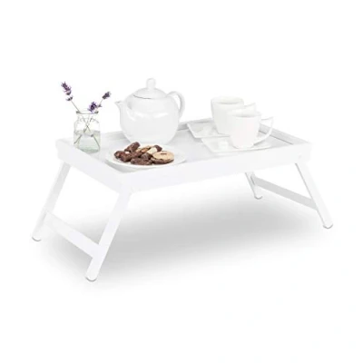 Immagine di 2 ripiani per letto in bambù con gambe alette, bordi servizio e colazione, HLP 22 x 64 31 cm, colore: bianco