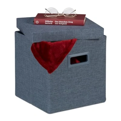 Immagine di Relaxdays vano portaoggetti e Maniglie Pouf Contenitore, Sgabello Pieghevole in bambù, Poggiapiedi Imbottito, HxLxP: 35 x cm, Nero Bianco, Poliestere, Fibra di Legno, Plastica