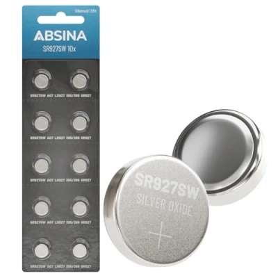 Immagine di ABSINA SR 927 SW Pila a bottone per orologi, 1,55 V, in ossido d&#039;argento, confezione da 10 pezzi, 395/399/AG7/LR927, SR927SW, batteria orologio 395