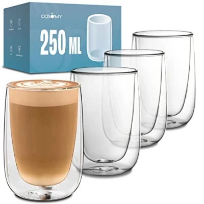 Immagine di Cosumy 4 Bicchieri a Doppia Parete da 250ml per Cappuccino Mantengono la Temperatura Proteggono le Mani Con Confezione Regalo