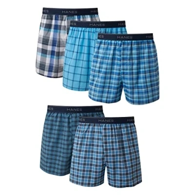 Immagine di Hanes, boxer da uomo con tecnologia FreshIQ, senza etichetta, motivo a tartan ed elastico vista (confezione 5) Assorted X Large