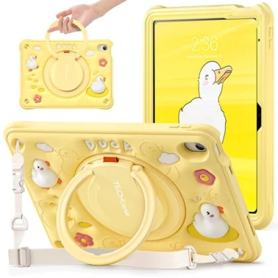 Immagine di TECHGEAR BubblyToons custodia per bambini Apple iPad 10a generazione 11,9 pollici/iPad 10 2022, morbida e robusta, supporto girevole a 360 gradi impugnatura ad anello, motivo anatra