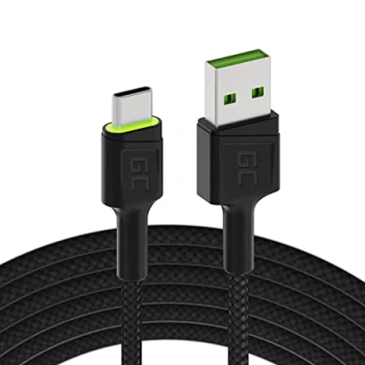 Immagine di Green Cell Cavo USB a C Tipo 1.2m con illuminazione LED di ricarica nero Compatibile Samsung Galaxy S23 S22 S21 S20 Ultra S10 S9 S8+ Note 20 10 9 8 Telefoni Android