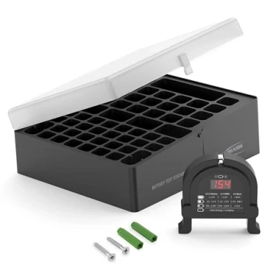 Immagine di ANSMANN Scatola per batterie con tester 48 20x Micro AAA 24x stilo AA 4x 9V Organizer portatile coperchio semi trasparente chiusura