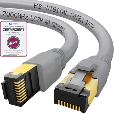 Immagine di HB Digital 2m Cavo di rete CAT 8.1 S/FTP LSZH Grigio 40 Gbps patch LAN Gigabit RJ45 maschio Ethernet PIMF 2000 MHz Compatibile con Cat.6 Cat.7 Cat.8