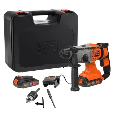 Immagine di BLACK+DECKER TASSELLATORE a BATTERIA 18V SDS 2 batterie 2,5Ah Mandrino cremagliera x punte standard 1 punta SDS+ 6mm muro Valigetta BCD900E2K QW