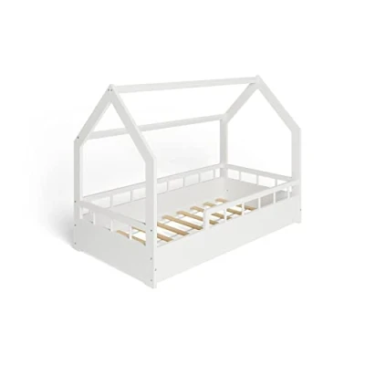 Immagine di MS FACTORY Letto Casetta in Massello 80x160cm con Telaio a Doghe per Bambini Singolo Sponda Anticaduta Stile Scandinavo Nordico Montessori Mezze Barriere Bianche