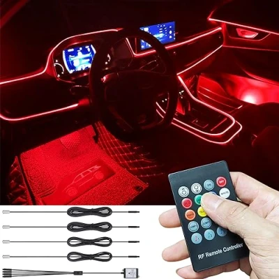 Immagine di TABEN Kit Luce Atmosfera Auto Sincronizzazione Musicale Multicolore RGB 16 Milioni di Colori 4 Metri Fibra Ottica USB Illuminazione Ambientale, Suono Attivo e Telecomando RF Wireless CC 12V