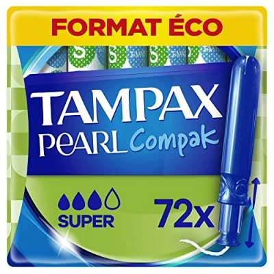 Immagine di Tampax Compak Pearl, tamponi con applicatore, Super, formato Eco, 72 tasche singole (4 x 18), flusso medio ad albondanti, 3 comfort applicatore morbido, tecnologia MotionFit, velato Douceur
