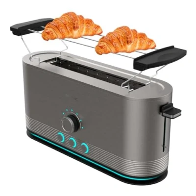 Immagine di Cecotec Tostapane Verticale in Acciaio con Fessura Lunga Shine&amp;Toast Extra. 1050W, Capacità per 2 Toast, Larga 3,8cm, Anello Luminoso, 7 Livelli di Tostatura, Aste Superiori