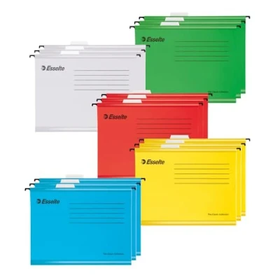 Immagine di Esselte Conf. da 15 Cartelle Sospese, Formato A4, con Linguette e Inserti in cartoncino, per organizzare documenti a casa, ufficio, scuola, Resistente Carta Riciclata al 100%, Colori Assortiti