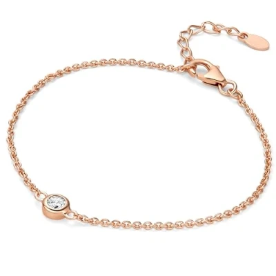 Immagine di Miore Bracciale Donna in Argento con Zircone, Catenina rolò Zircone Solitario 925 Placcato Oro 18Kt/750. Lungo Cm 18 estensione a 22 Braccialetto anallergico.