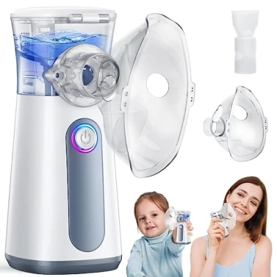 Immagine di Aerosol Portatile Silenzioso Macchina Adulti E Bambini che Efficace per Alleviare la Respirazione, 2 Maschere Boccaglio, USB C Ricaricabile, Velocità Di Atomizzazione Regolabile(Grigio)