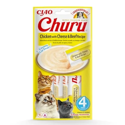 Immagine di INABA Churu Snack per Gatti Cremoso con Pollo, Formaggio e Vitello 1 Pack (4 Stick x 14gr) Cibo da Leccare, Sano Delizioso Gatto Senza Conservanti o Coloranti Artificiali