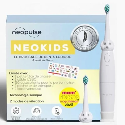 Immagine di NEOPULSE® NEOKIDS® Spazzolino da denti elettrico per bambini con suono ricaricabile + 1 spazzola/testina bianca ultra morbida dai 3 anni 2 modalità Timer personalizzabile 50 adesivi