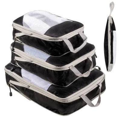 Immagine di Organizer Valigia Salvaspazio Viaggio Compressione Accessori Utili Impermeabile Borse per Biancheria Intima Calzature Vestiti Tessuto, Nero 3 Pezzi
