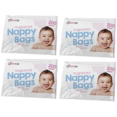 Immagine di DIVCHI Sacchetti usa e getta per pannolini bambini, dispenser antibatterico, profumati, lo smaltimento dei pannolini, facili da legare i viaggi, confezione 4 x 200 (800 in totale)