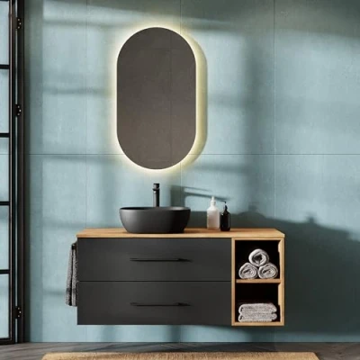 Immagine di Planetmöbel LUX Set di mobili da bagno con mobiletto 120 cm, sospeso, lavabo 42 colore nero, dorato/antracite