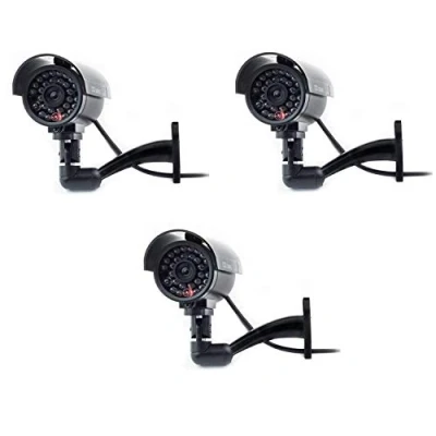 Immagine di Digicharge Telecamera di sicurezza finta con LED illuminati, effetto realistico CCTV Camera, per interni ed esterni, impermeabile + adesivo avvertimento confezione da 3 pezzi