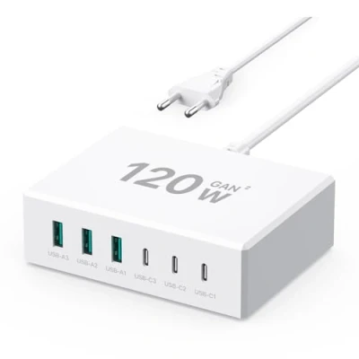 Immagine di Caricatore USB c 120W GaN， multiplo【3USB + 3USB A】 PD, stazione di ricarica a 6 porte compatibile con iPhone/Samsung/Google/Tablet e altri dispositivi (Nero)