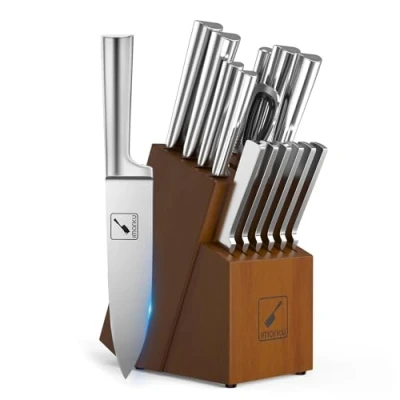 Immagine di imarku Set Coltelli da Cucina Professionali, di Giapponesi in Acciaio Inossidabile 16 Pezzi，con Affilatore e Ceppo，L&#039;impugnatura è Ergonomica