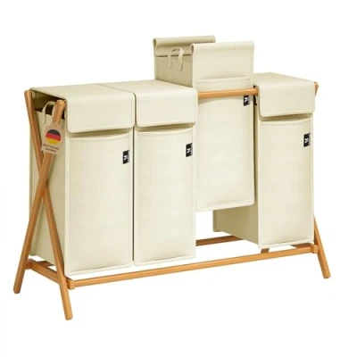 Immagine di AdelDream Cesto portabiancheria a 4 scomparti 200L in bambù per biancheria sporca legno con coperchio colore: beige