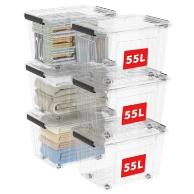 Immagine di Cetomo C5038 Scatola portaoggetti impilabile, trasparente, con coperchio, in plastica (polipropilene), 55,5 x 40,5 36 cm, 55 l, set da 6 pezzi