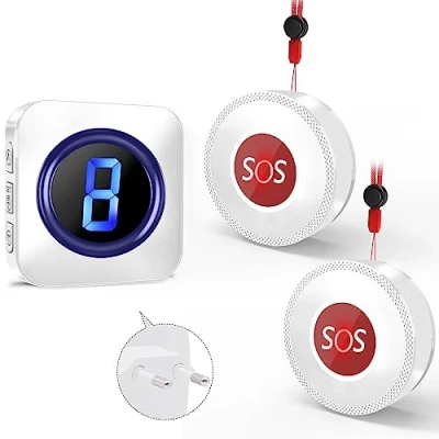 Immagine di Wireless Pulsante Chiamata Emergenza, Allarme Sicurezza Cercapersone, Sistema Assistenza per Anziani Pazienti Bambini, 2 Trasmettitore SOS Paziente Anziano nel