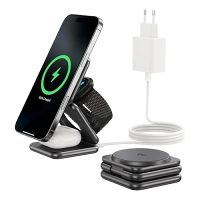 Immagine di KU XIU X40Q Caricatore Wireless Magnetico Qi2 15W, Stazione di Ricarica Pieghevole 3 in 1 per iPhone 16/15/14/13/12, 5W Apple Watch 10/9/Ultra/SE/8/7/6/5/4 Grigio